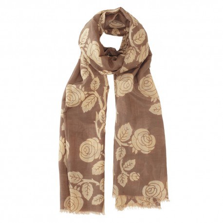 Blomstret tørklæde i silkeblanding i brun